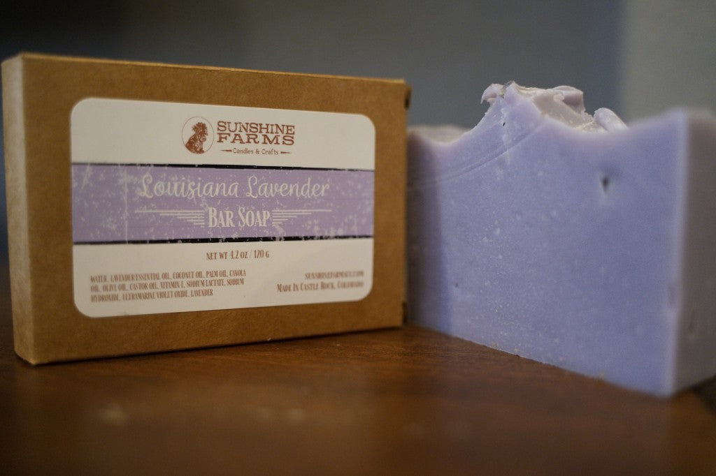 Louisiana lavender bar soap beside its box